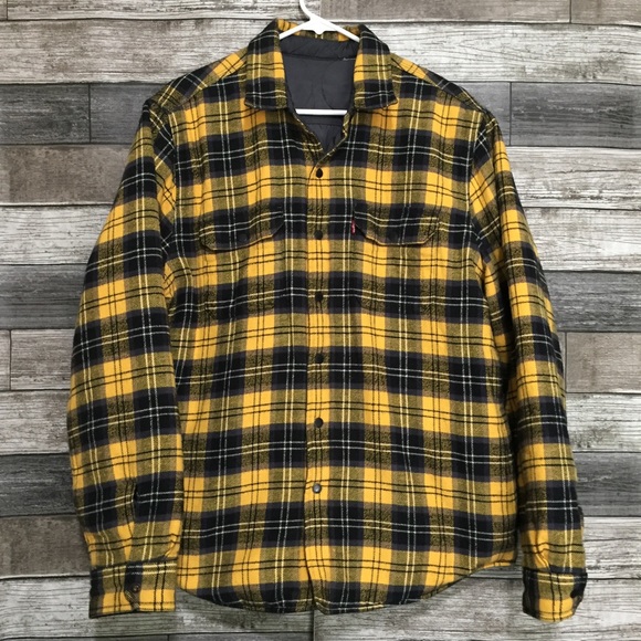 Levi’s Plaid Reversible Jacket Men’s L Yellow Gray Puffer Snap Button Pockets - Picture 4 of 13